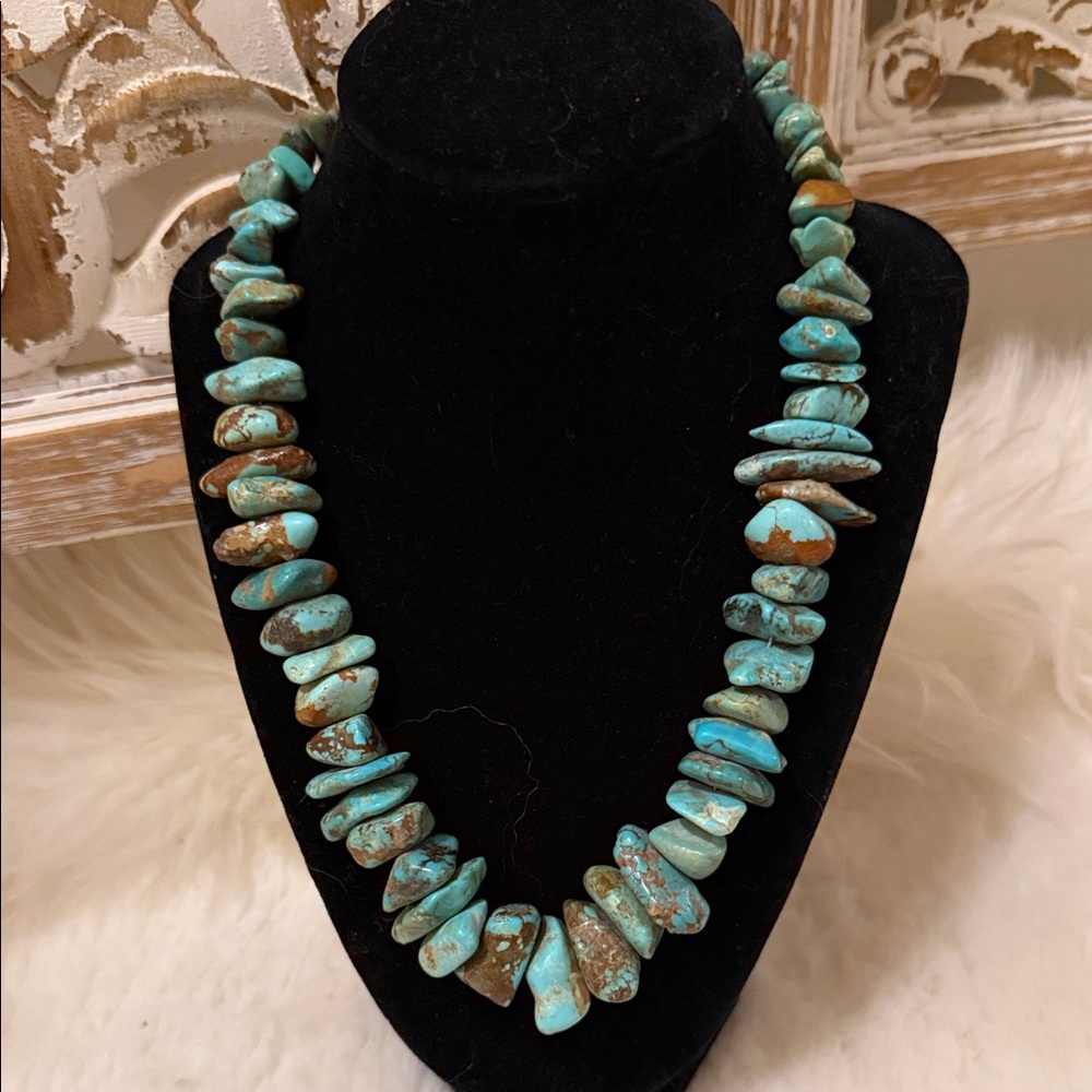 Vintage Turquoise Nugget Statement Necklace - Blue Green Gemstone raw.